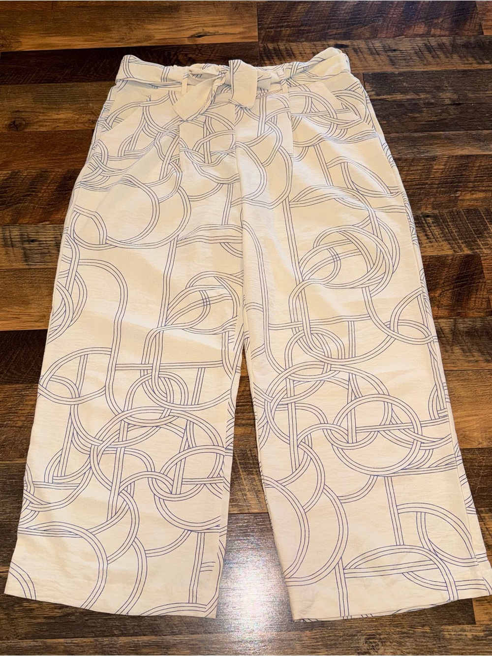 Cream Wide-Leg Patterned Drawstring Pants